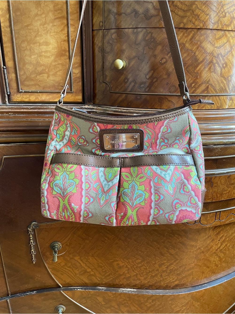 Jaclyn Smith Pink Paisley Shoulder Bag with Brown Trim